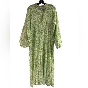 Tish Cox White & Green Floral Lightweight Cotton Dress Exaggerated Sleeves SZ S